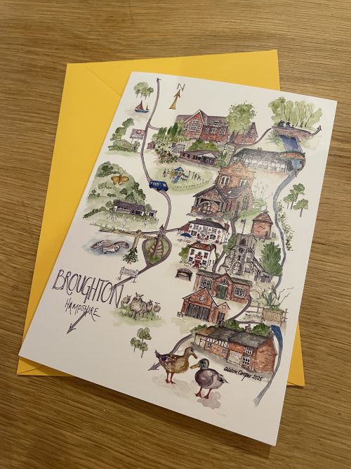 Broughton Hampshire Map Illustration Hand drawn River Test Fishing