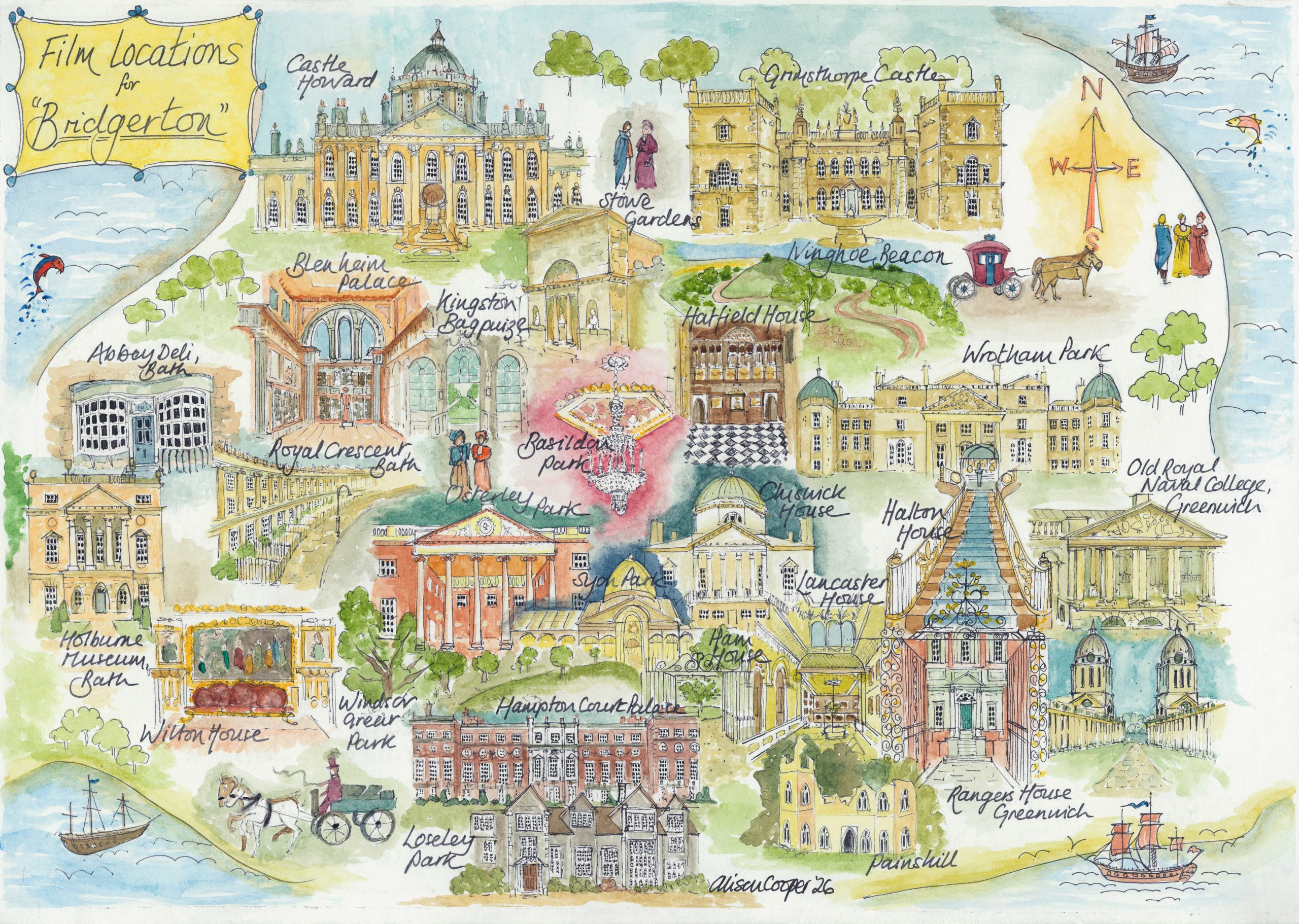 Illustrated artwork A hand drawn ink and watercolour map of the film locations in Bridgerton